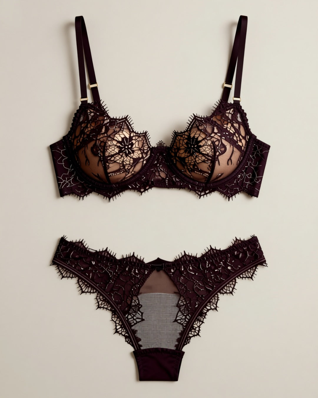Thin Embroidered Lace Underwire Bra Set, laid flat to show the full piece.