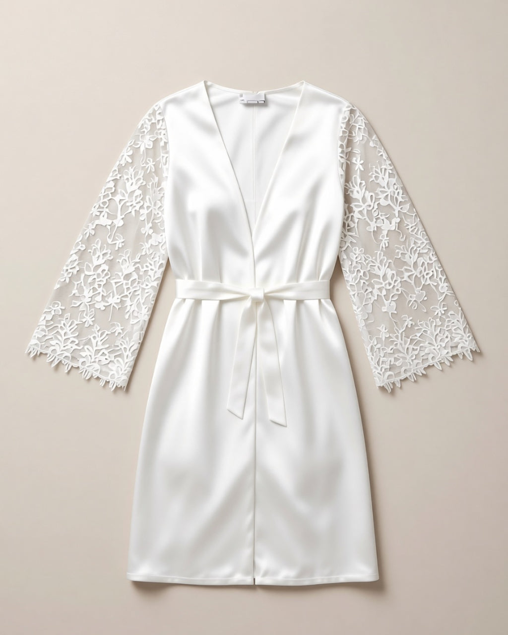 White Satin Bridal Robe with Lace Sleeves, laid flat to show the full piece.