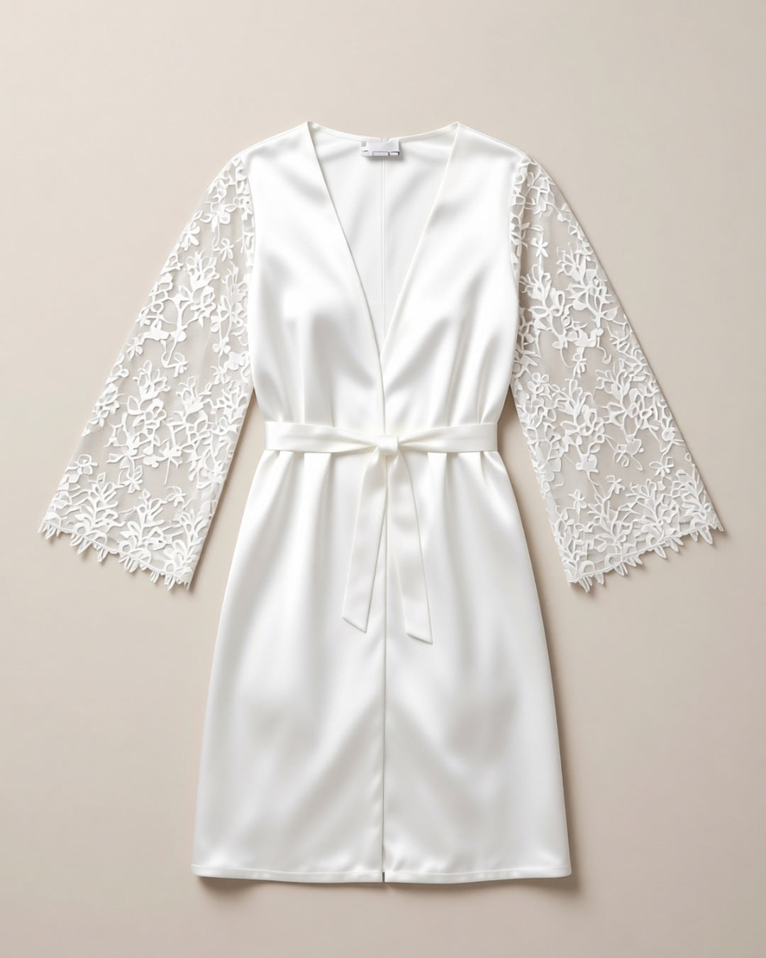 White Satin Bridal Robe with Lace Sleeves, laid flat to show the full piece.